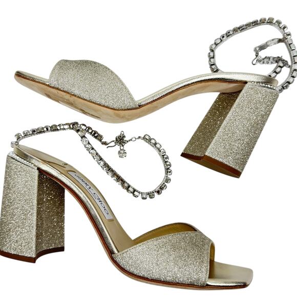New Jimmy Choo Saeda Block Heel Glitter Crystals Sandals Platinum Size 38 - Picture 10 of 14